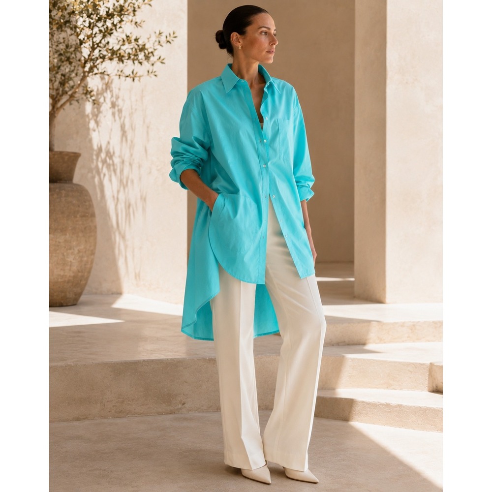 Scanlan Theodore US 4 Turquoise Cotton Oversized Utility Tunic Button Shirt